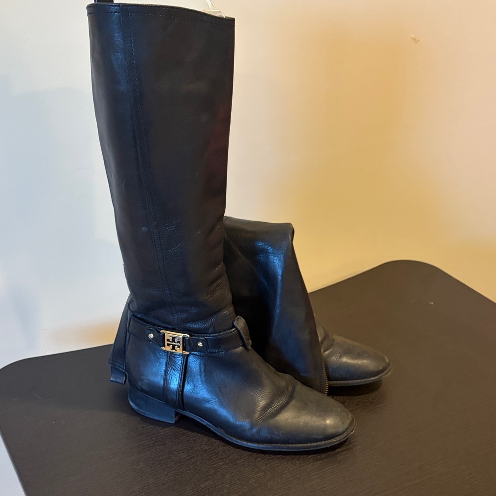 Tory Burch Black Leather Tall Riding Boots with Logo Strap